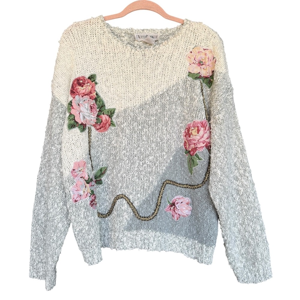 Alyssa Brooke II Sweater Womens 2X Multicolor Floral Beaded Chunky Knit Pullover